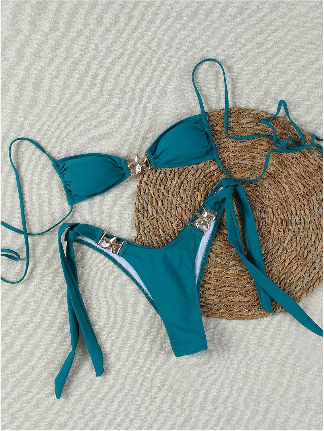 imageSOLY HUX Womens Bathing Suit Ring Linked High Cut String Bikini Set Tie Side Thong Two Piece SwimsuitSolid Blue