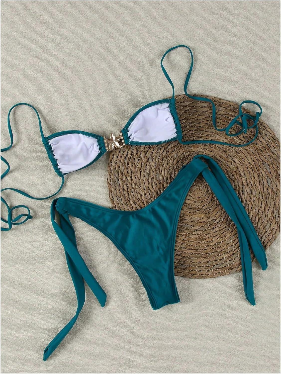 imageSOLY HUX Womens Bathing Suit Ring Linked High Cut String Bikini Set Tie Side Thong Two Piece SwimsuitSolid Blue