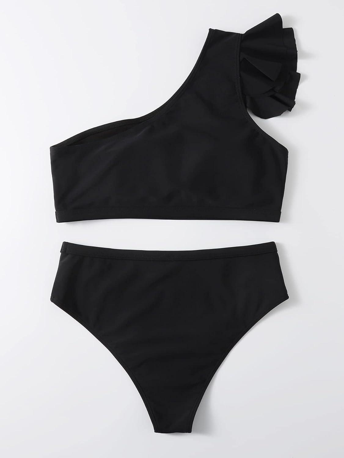 imageSOLY HUX Womens Bathing Suits Ruffle Trim One Shoulder High Waisted Bikini Sets Two Piece SwimsuitSolid Black