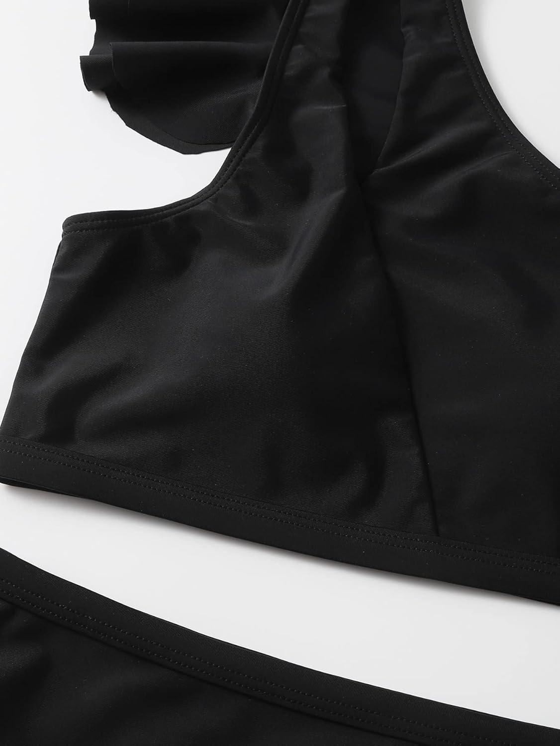 imageSOLY HUX Womens Bathing Suits Ruffle Trim One Shoulder High Waisted Bikini Sets Two Piece SwimsuitSolid Black