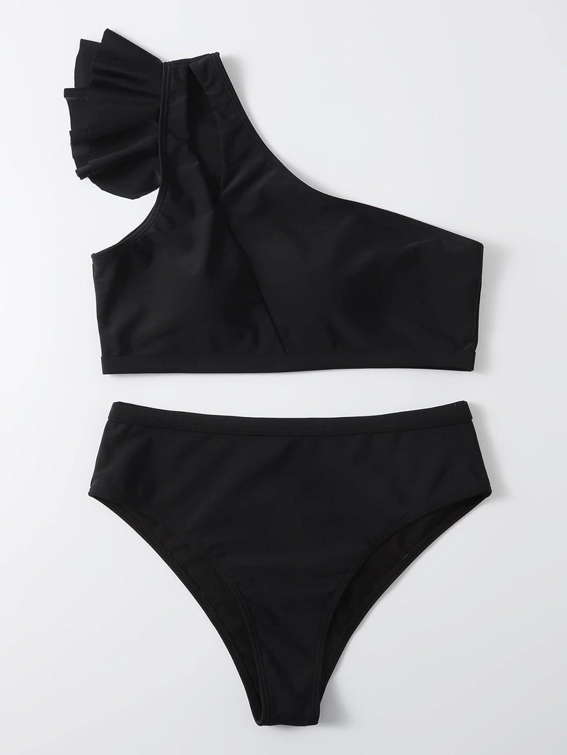 imageSOLY HUX Womens Bathing Suits Ruffle Trim One Shoulder High Waisted Bikini Sets Two Piece SwimsuitSolid Black