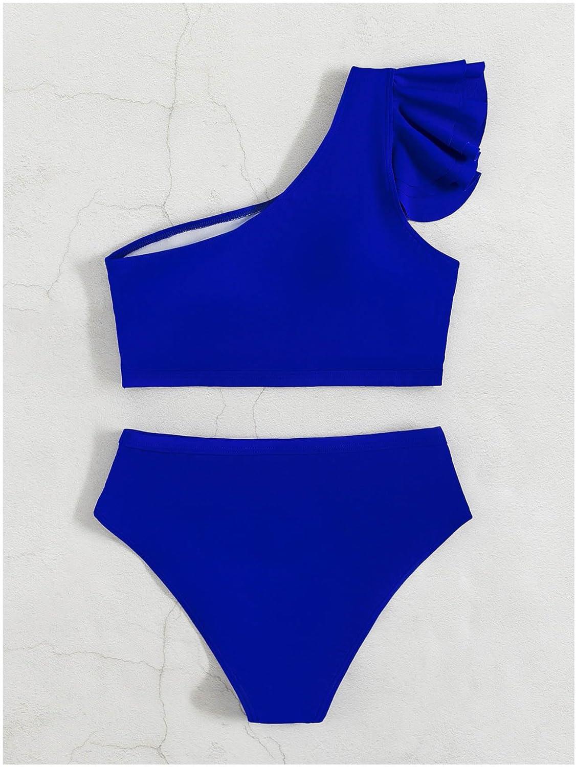 imageSOLY HUX Womens Bathing Suits Ruffle Trim One Shoulder High Waisted Bikini Sets Two Piece SwimsuitSolid Royal Blue
