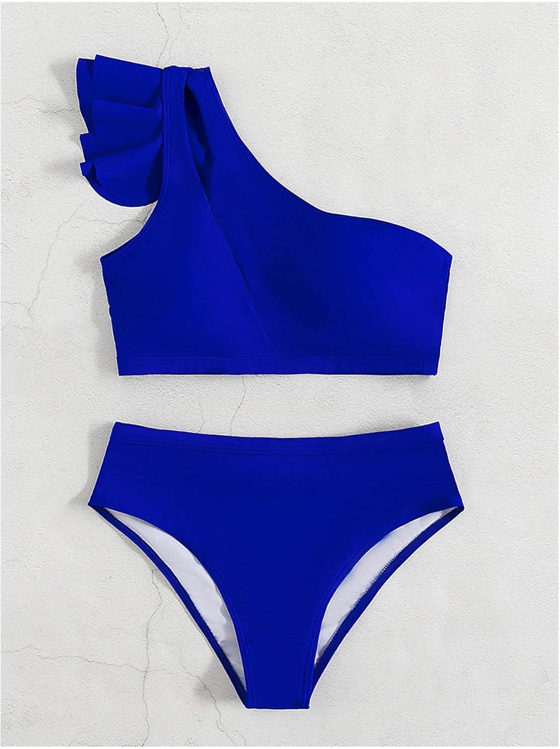imageSOLY HUX Womens Bathing Suits Ruffle Trim One Shoulder High Waisted Bikini Sets Two Piece SwimsuitSolid Royal Blue