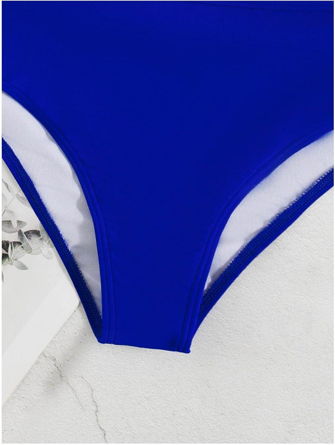 imageSOLY HUX Womens Bathing Suits Ruffle Trim One Shoulder High Waisted Bikini Sets Two Piece SwimsuitSolid Royal Blue
