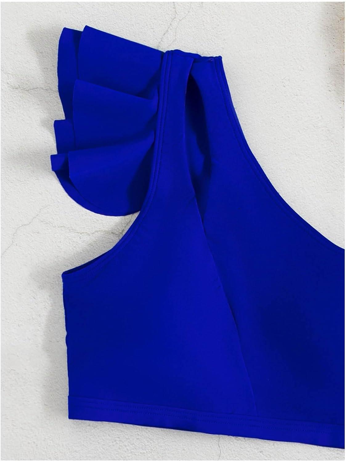 imageSOLY HUX Womens Bathing Suits Ruffle Trim One Shoulder High Waisted Bikini Sets Two Piece SwimsuitSolid Royal Blue