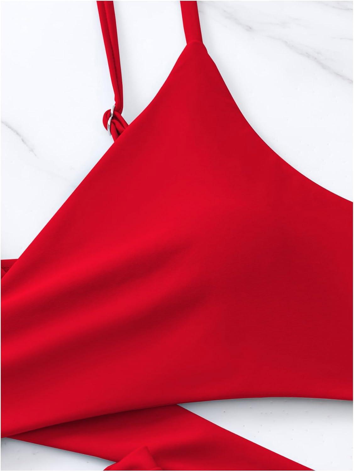 imageSOLY HUX Womens Bikini Set Criss Cross Wrap V Neck High Waisted Swimsuits 2 Piece Bathing SuitPlain Red