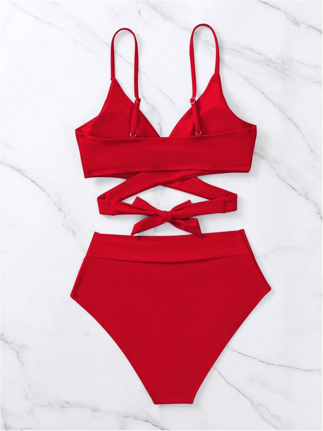 imageSOLY HUX Womens Bikini Set Criss Cross Wrap V Neck High Waisted Swimsuits 2 Piece Bathing SuitPlain Red