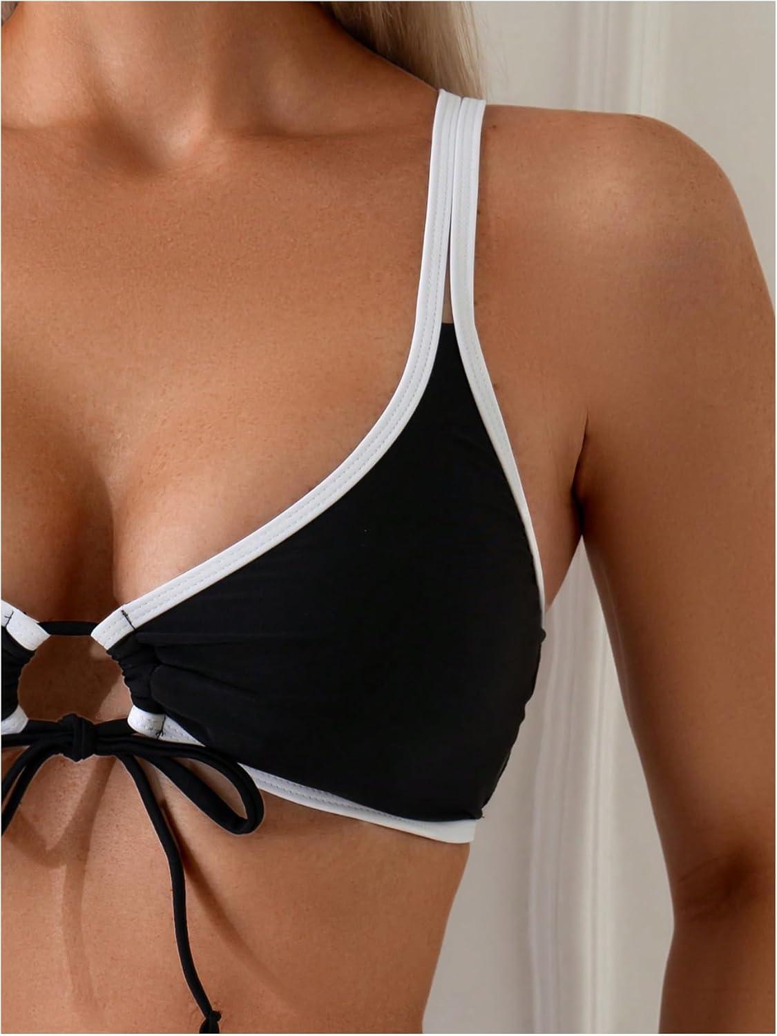 imageSOLY HUX Womens Bikini Top Contrast Binding Tie Front Spaghetti Strap Bathing Suit Tops SwimsuitBlack and White