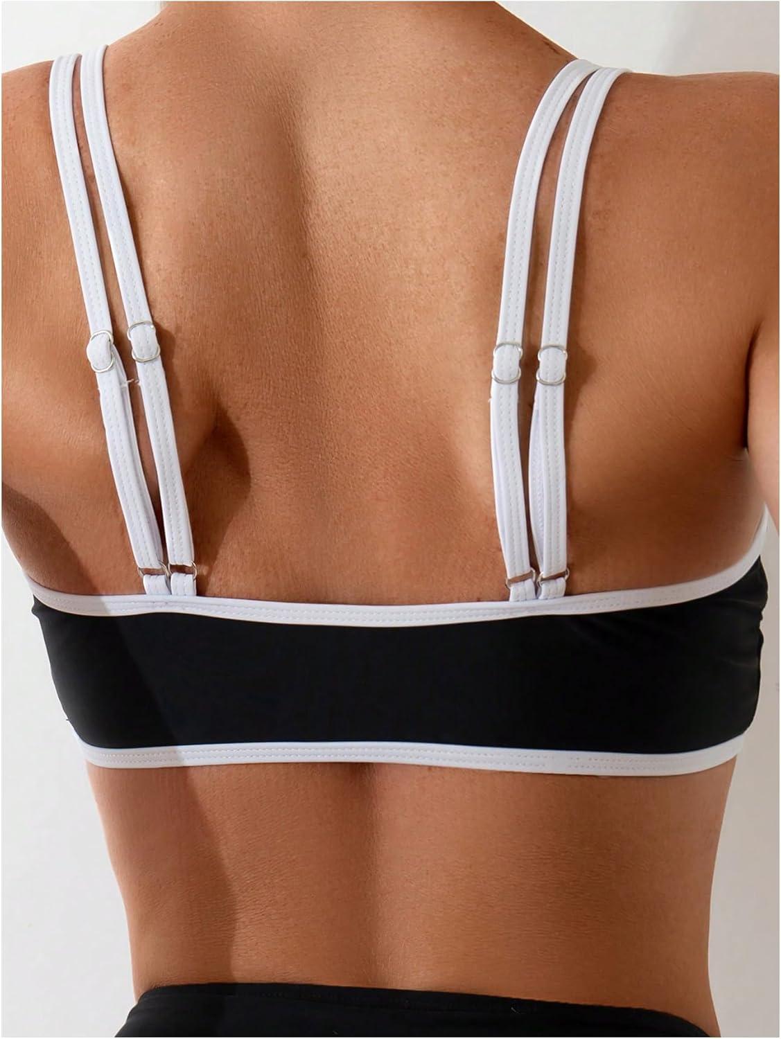 imageSOLY HUX Womens Bikini Top Contrast Binding Tie Front Spaghetti Strap Bathing Suit Tops SwimsuitBlack and White