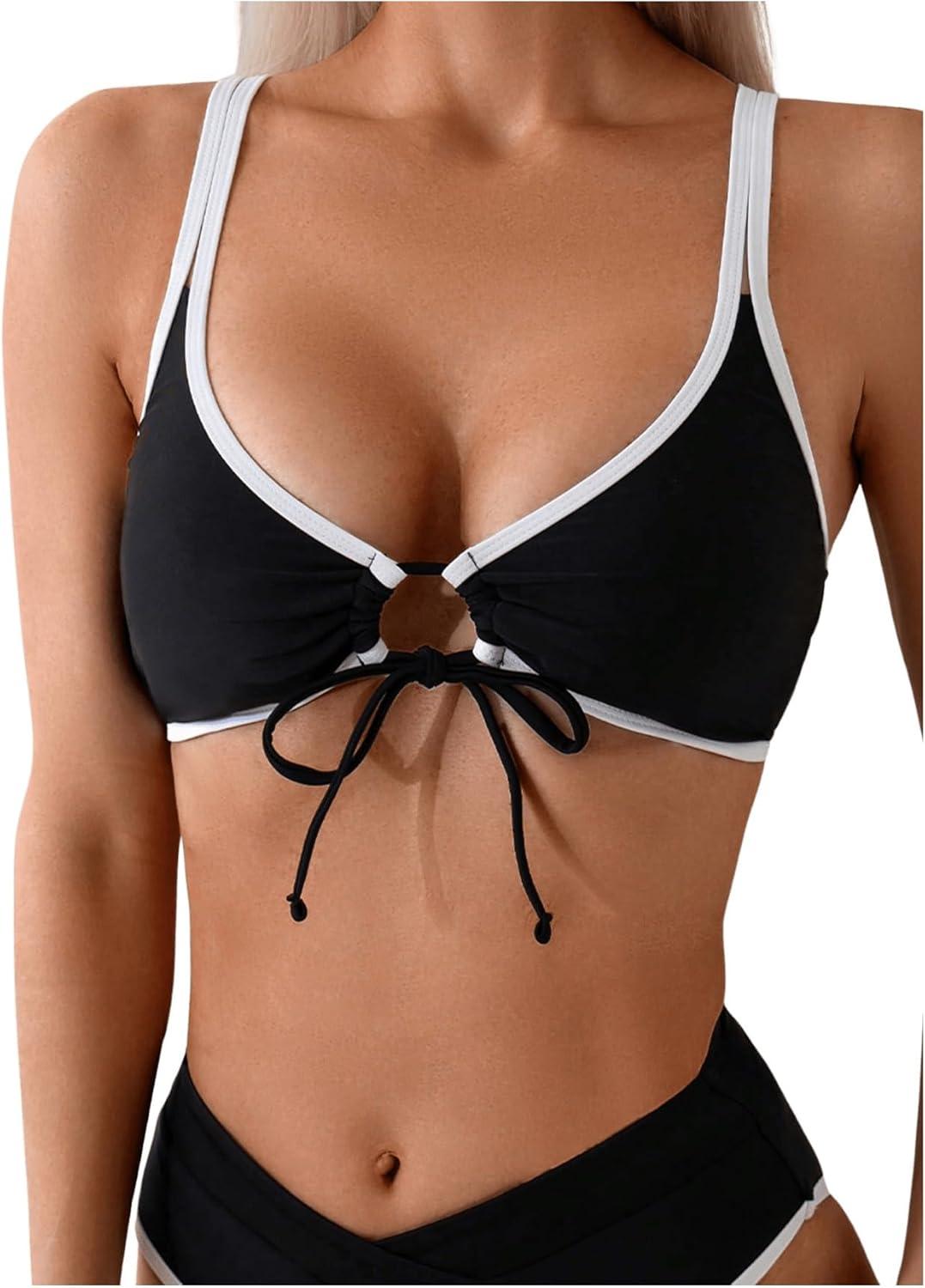 imageSOLY HUX Womens Bikini Top Contrast Binding Tie Front Spaghetti Strap Bathing Suit Tops SwimsuitBlack and White