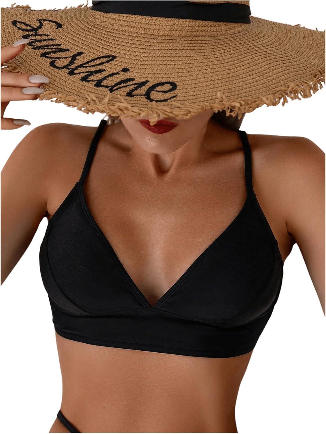 imageSOLY HUX Womens Bikini Top Spaghetti Strap V Neck Bathing Suit Tops SwimsuitSolid Black