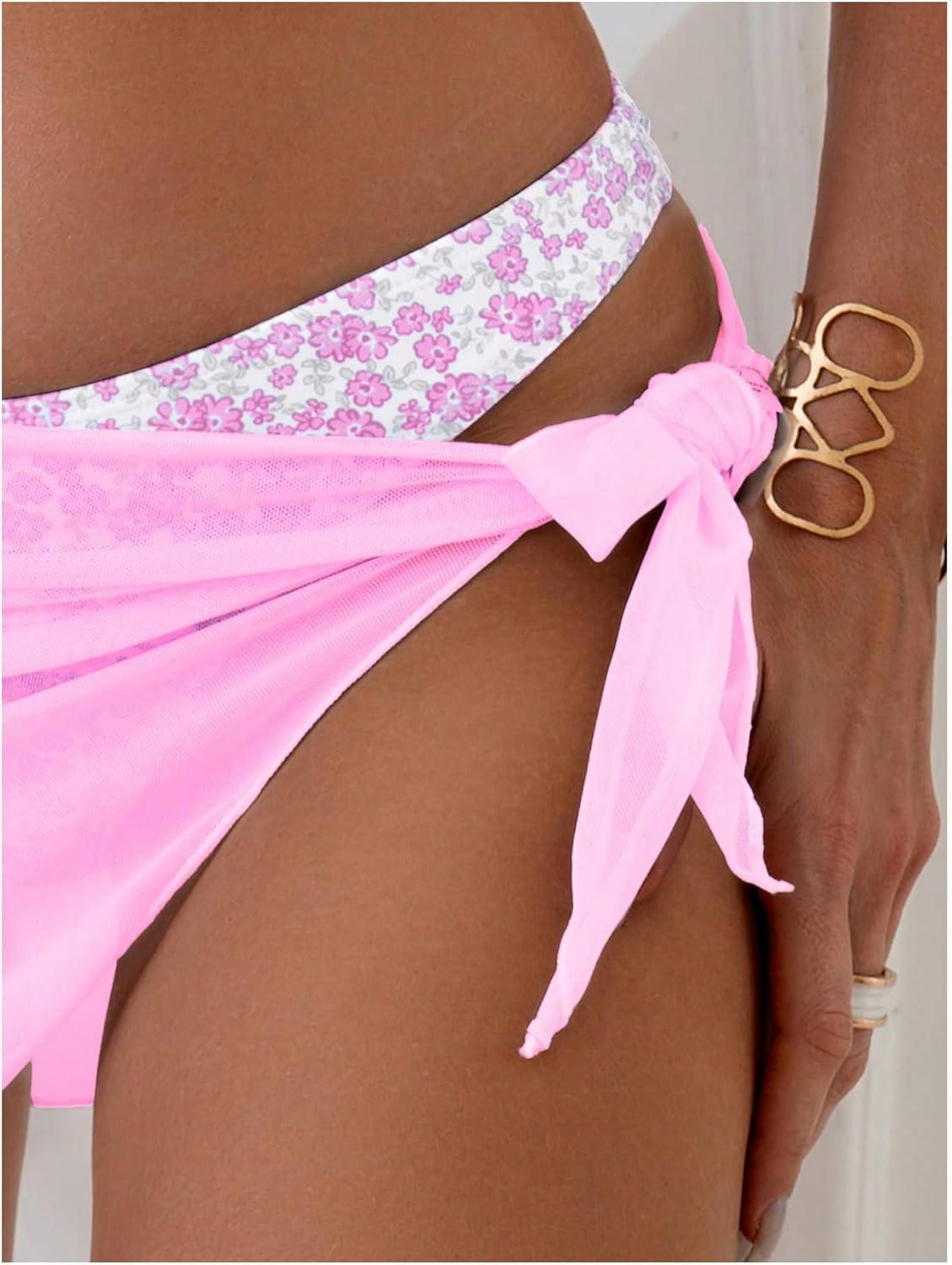 imageSOLY HUX Womens Floral Print Cheeky Swimsuit Triangle Halter Bikini Set with Cover Up Wraps 3 Piece SetPink Floral