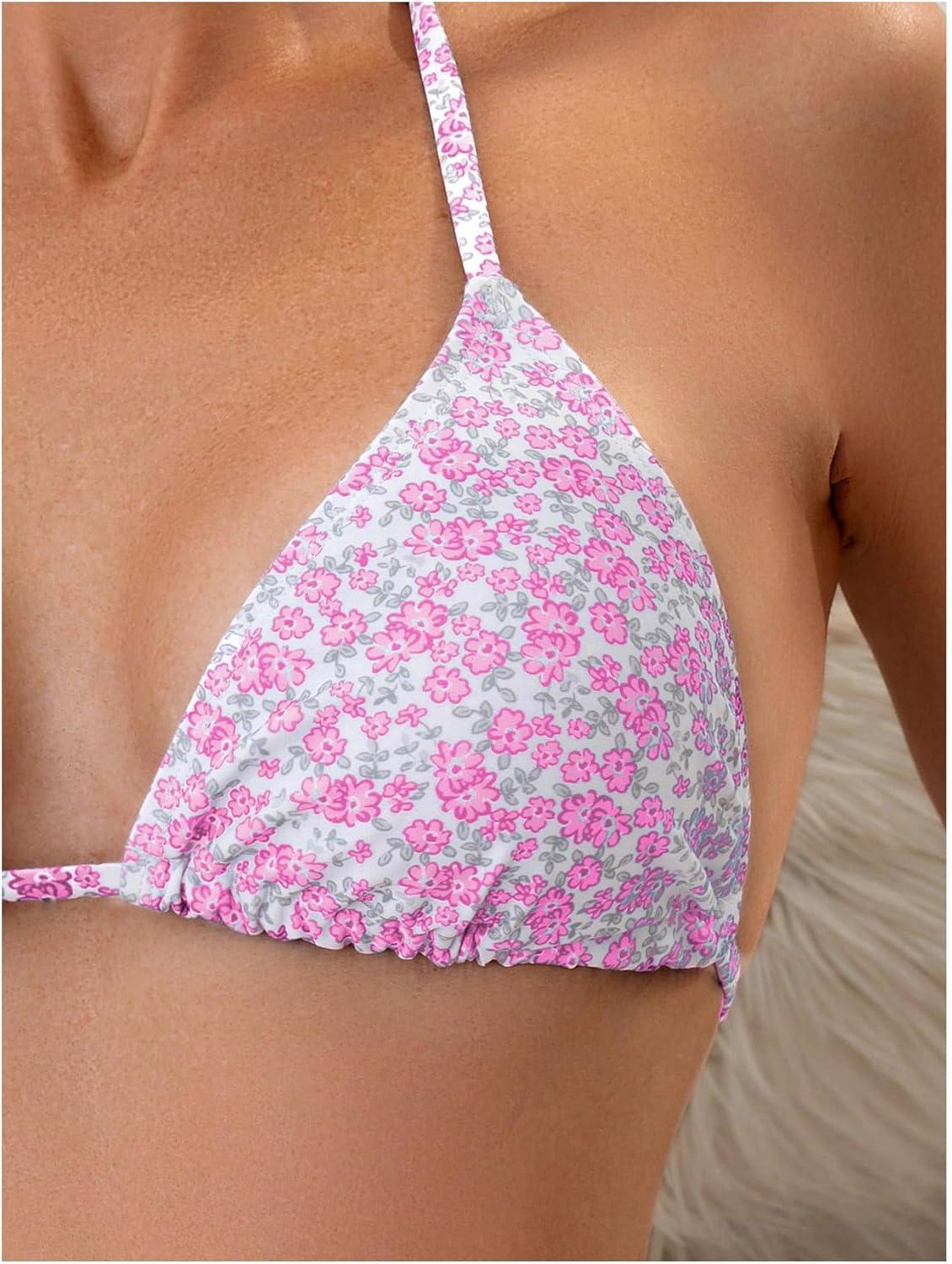 imageSOLY HUX Womens Floral Print Cheeky Swimsuit Triangle Halter Bikini Set with Cover Up Wraps 3 Piece SetPink Floral