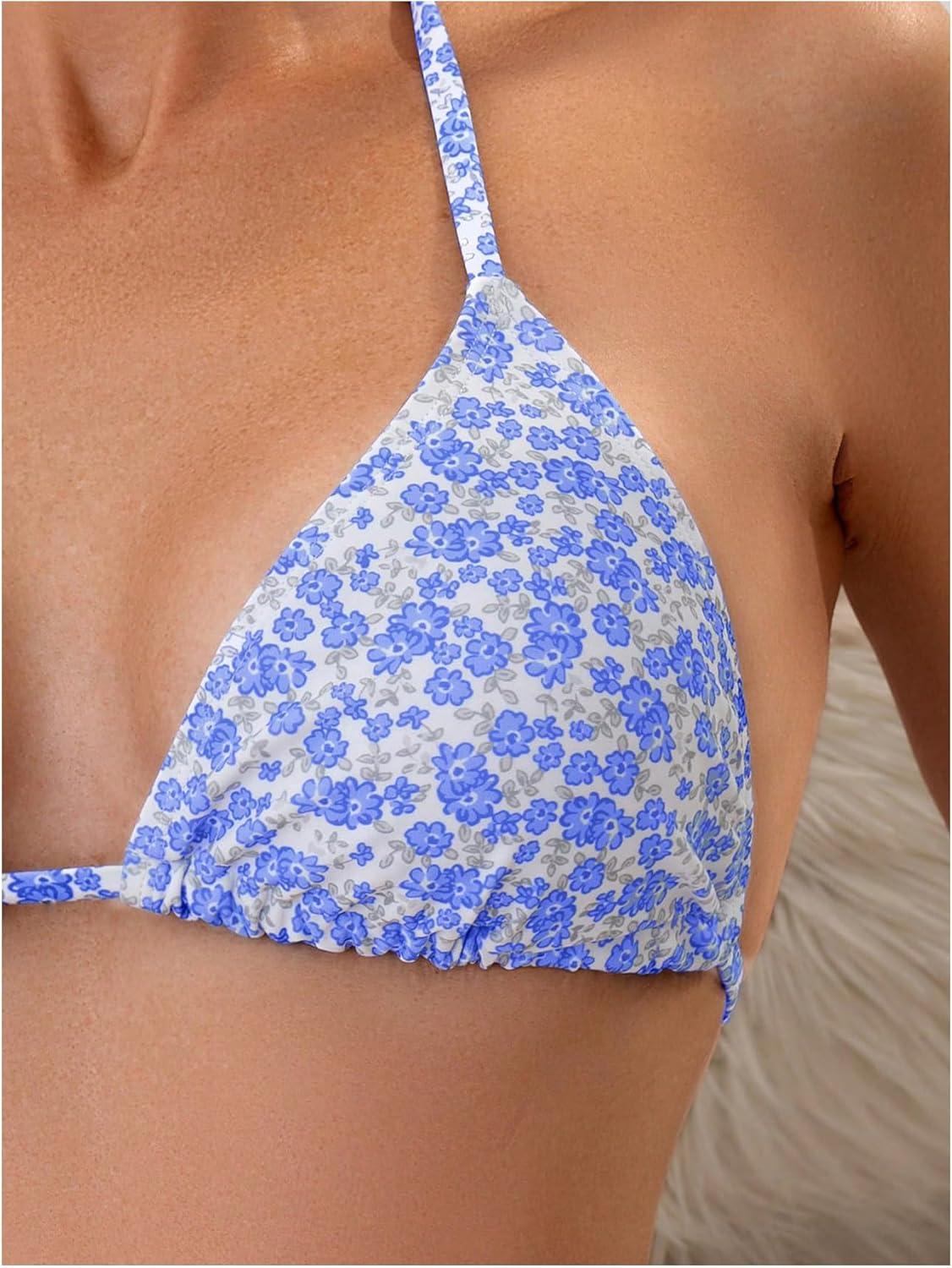 imageSOLY HUX Womens Floral Print Cheeky Swimsuit Triangle Halter Bikini Set with Cover Up Wraps 3 Piece SetRoyal Blue