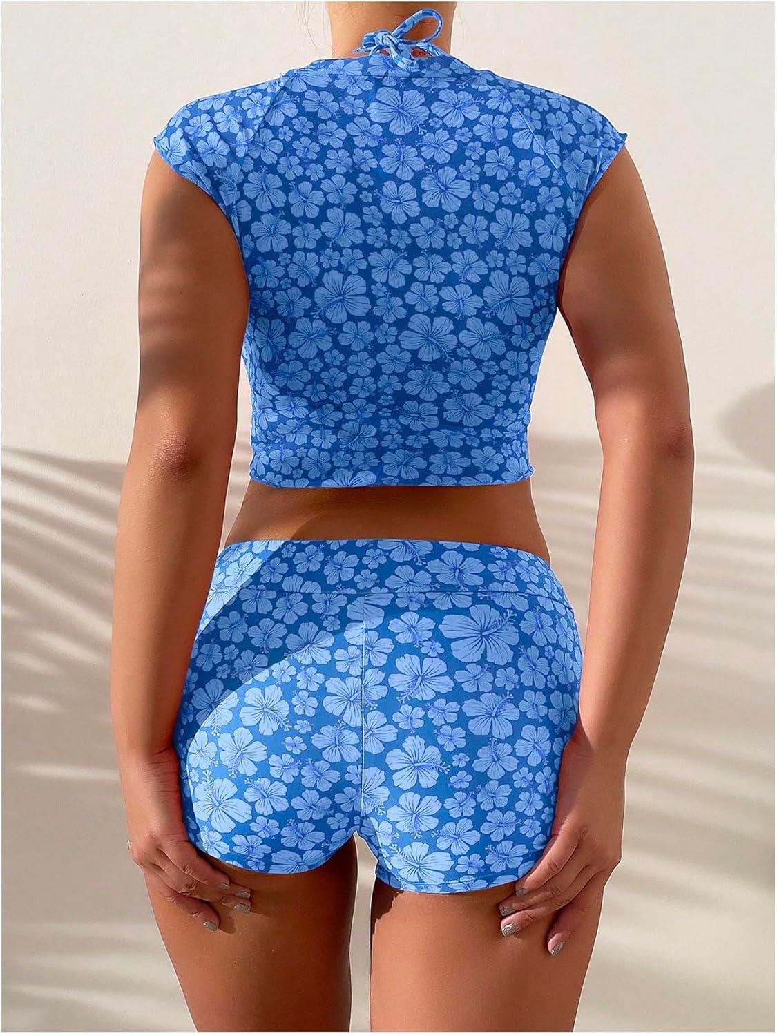 imageSOLY HUX Womens Floral Print Halter Top and Shorts Bikini Bathing Suits 3 Piece Swimsuit with Cover Up TopBlue Flowers