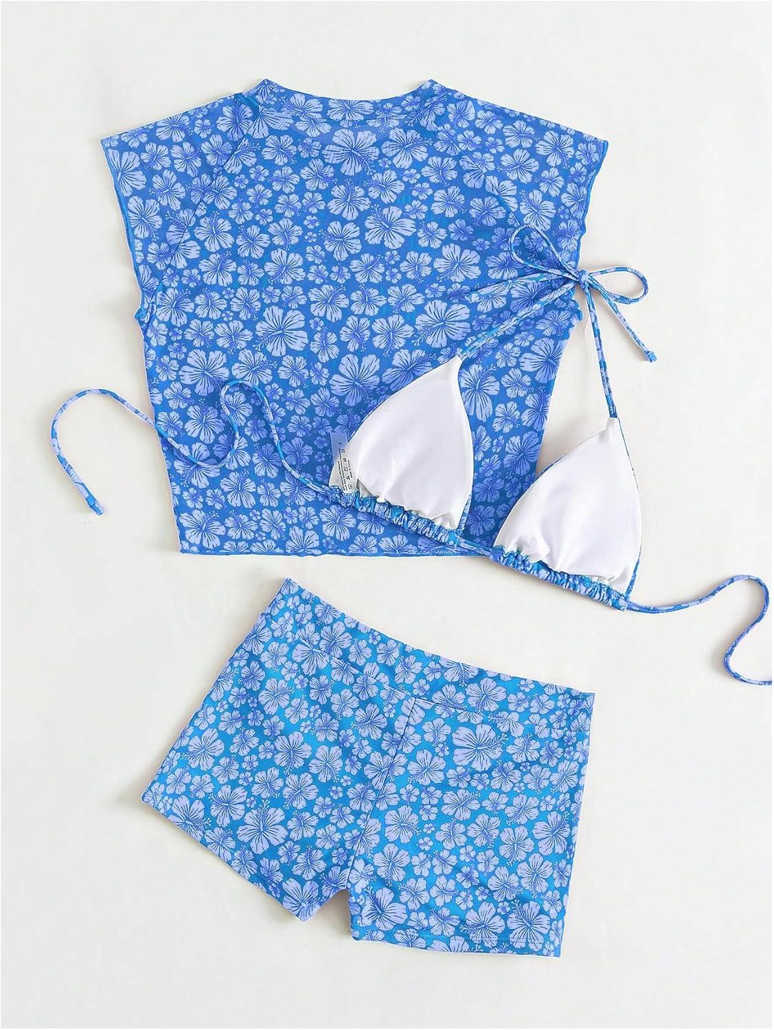 imageSOLY HUX Womens Floral Print Halter Top and Shorts Bikini Bathing Suits 3 Piece Swimsuit with Cover Up TopBlue Flowers