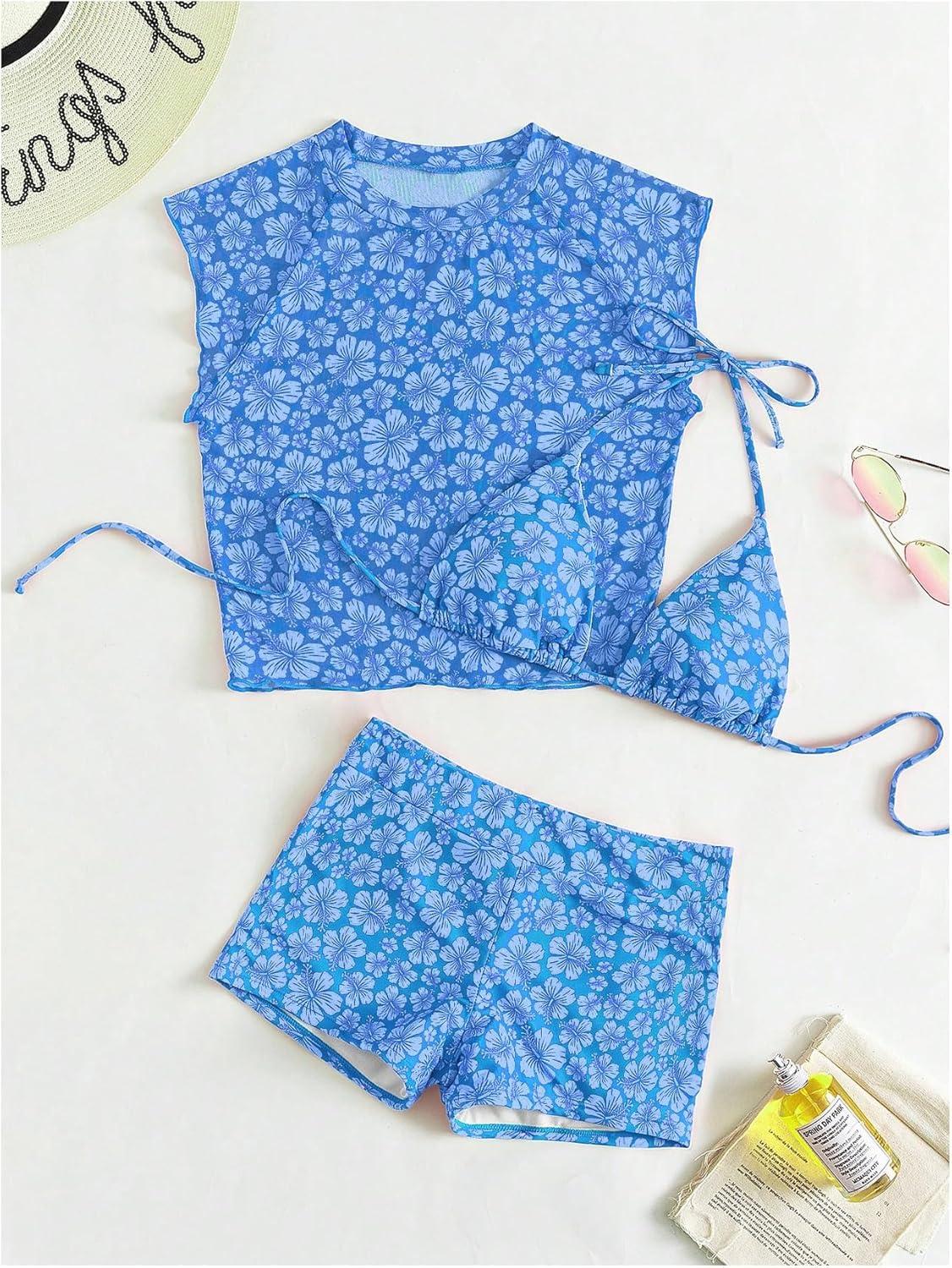 imageSOLY HUX Womens Floral Print Halter Top and Shorts Bikini Bathing Suits 3 Piece Swimsuit with Cover Up TopBlue Flowers