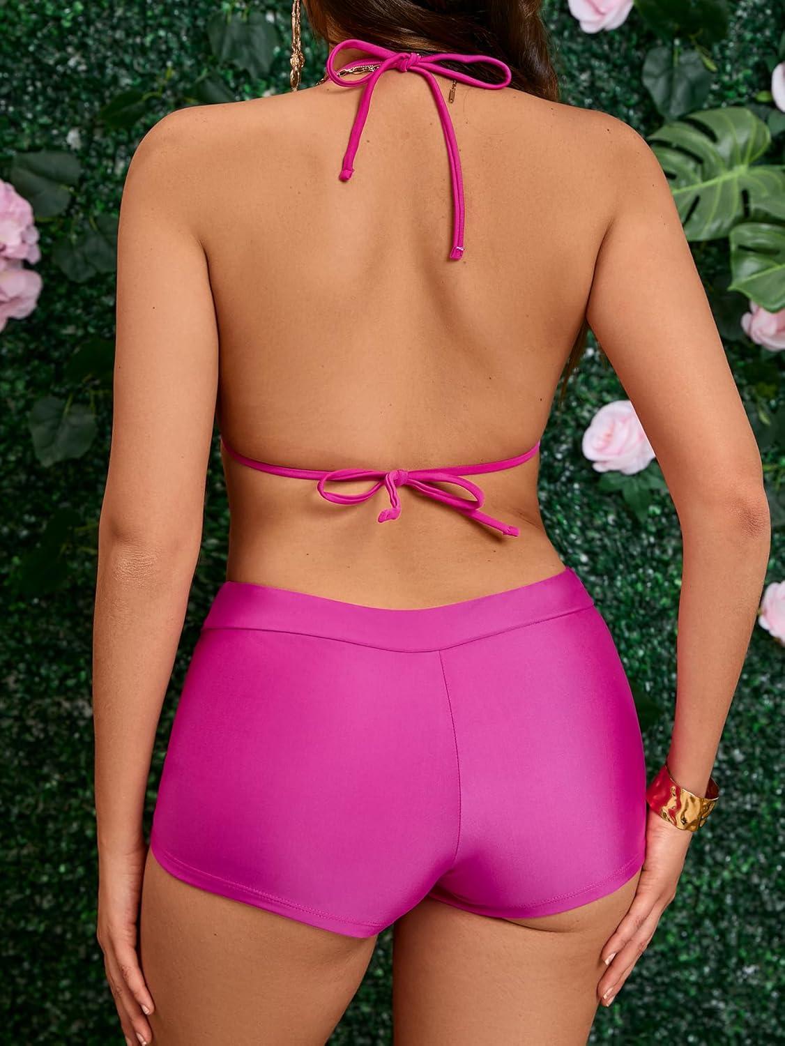 imageSOLY HUX Womens Floral Print Halter Top and Shorts Bikini Bathing Suits 3 Piece Swimsuit with Cover Up TopHot Pink Flowers