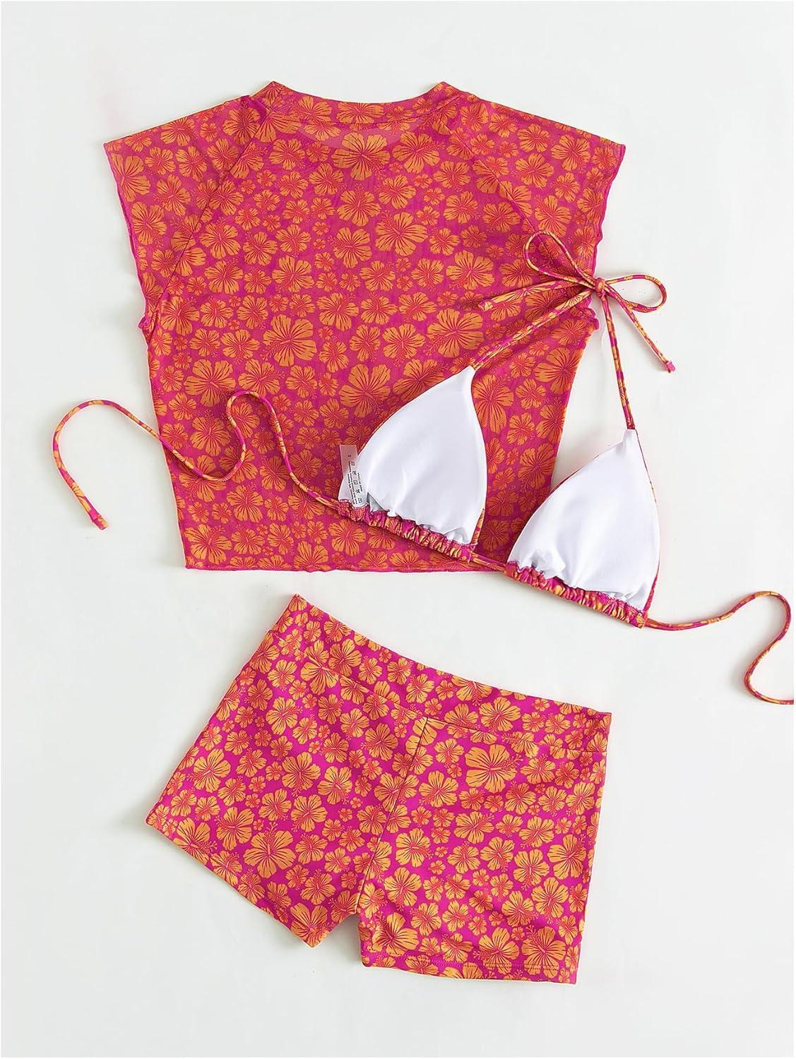 imageSOLY HUX Womens Floral Print Halter Top and Shorts Bikini Bathing Suits 3 Piece Swimsuit with Cover Up TopOrange Floral