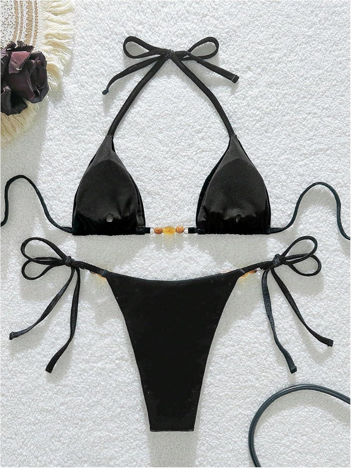 imageSOLY HUX Womens Halter Triangle Bathing Suit String Bikini Set Tie Side Two Piece SwimsuitSolid Black Velvet