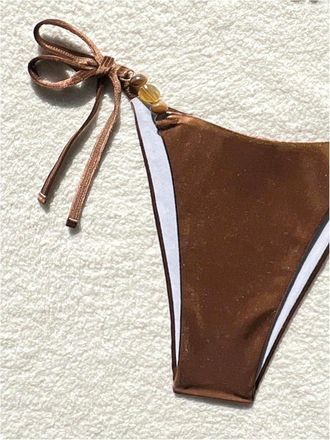 imageSOLY HUX Womens Halter Triangle Bathing Suit String Bikini Set Tie Side Two Piece SwimsuitSolid Brown Velvet
