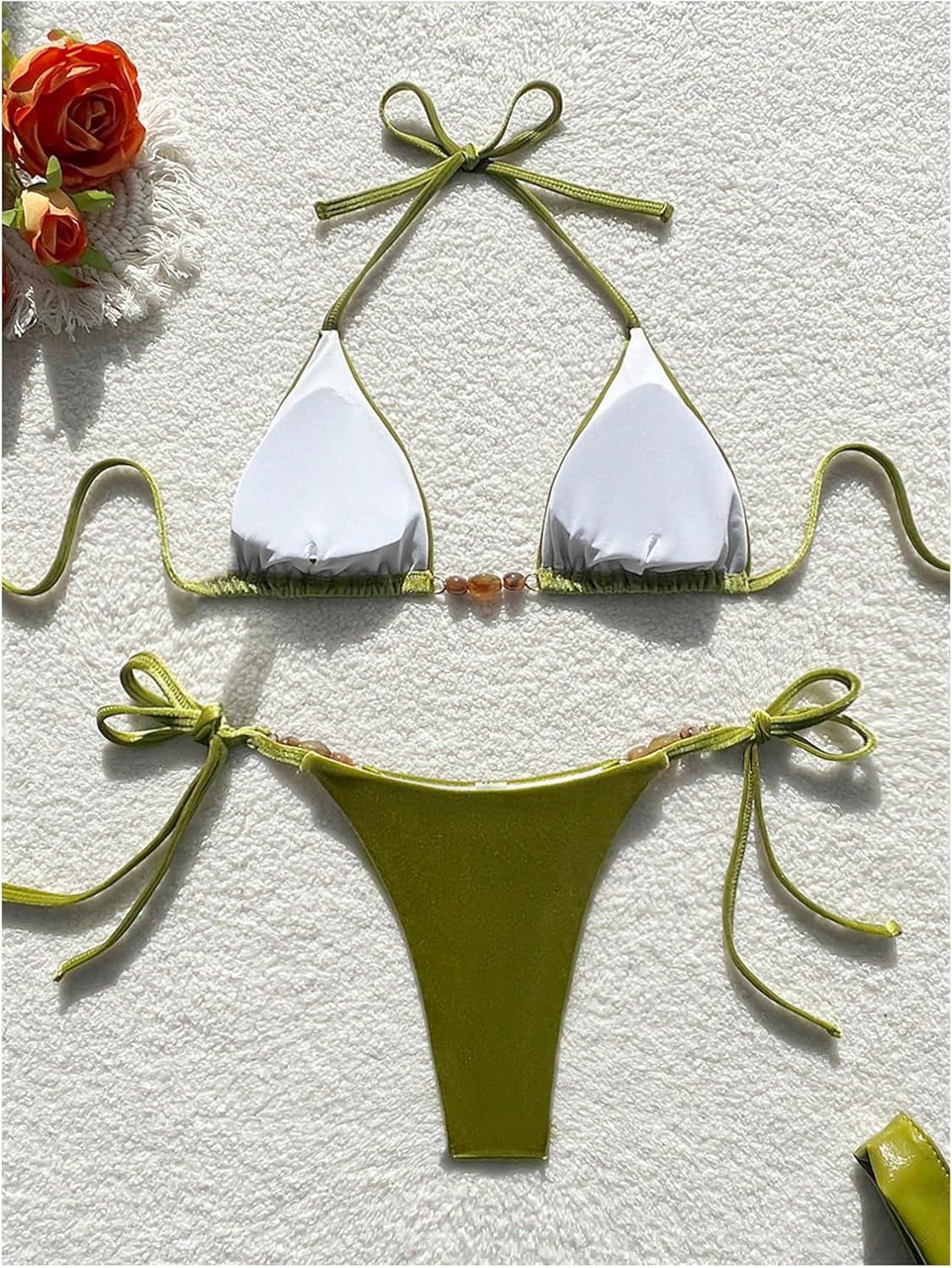 imageSOLY HUX Womens Halter Triangle Bathing Suit String Bikini Set Tie Side Two Piece SwimsuitSolid Green