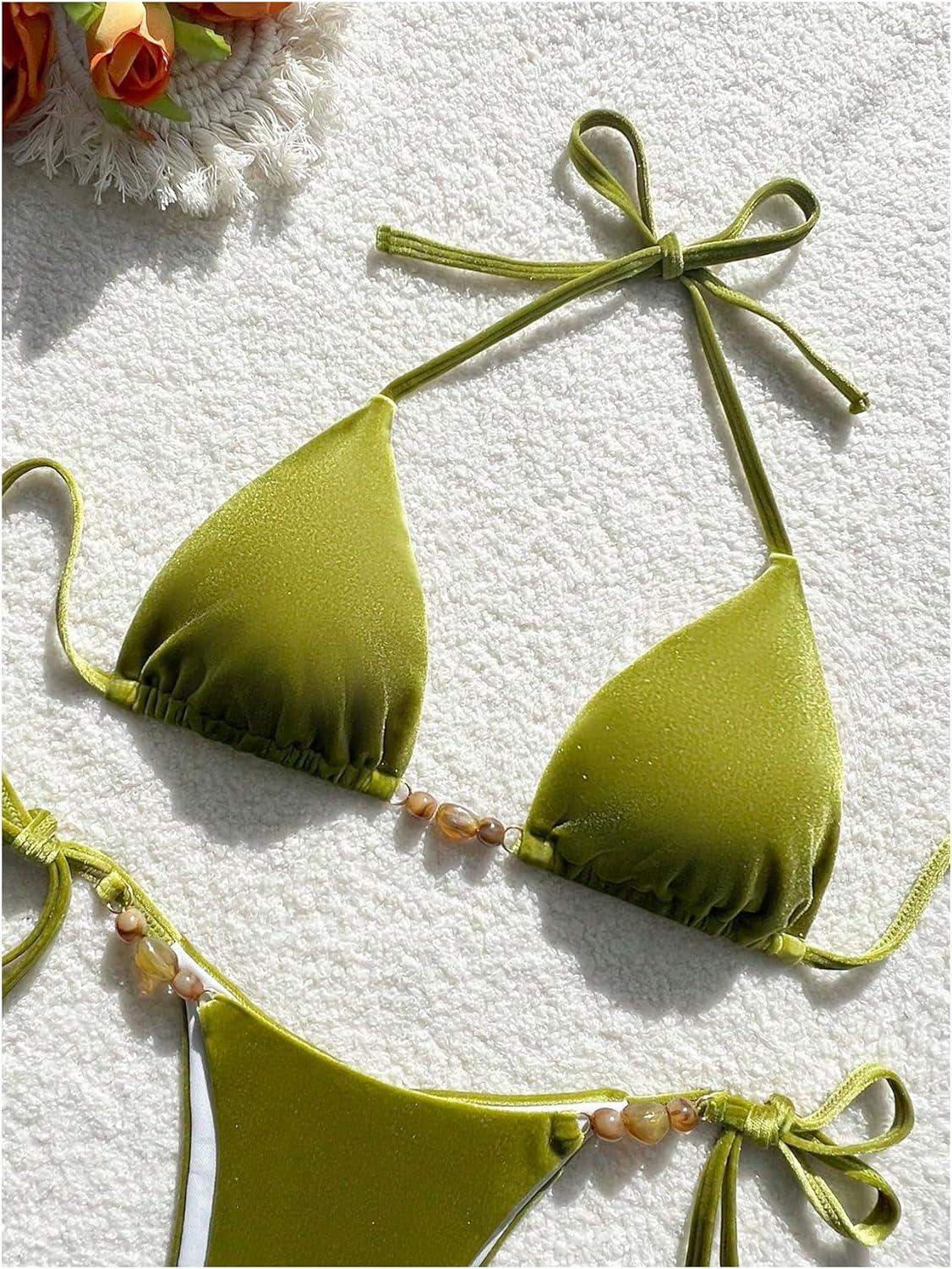 imageSOLY HUX Womens Halter Triangle Bathing Suit String Bikini Set Tie Side Two Piece SwimsuitSolid Green