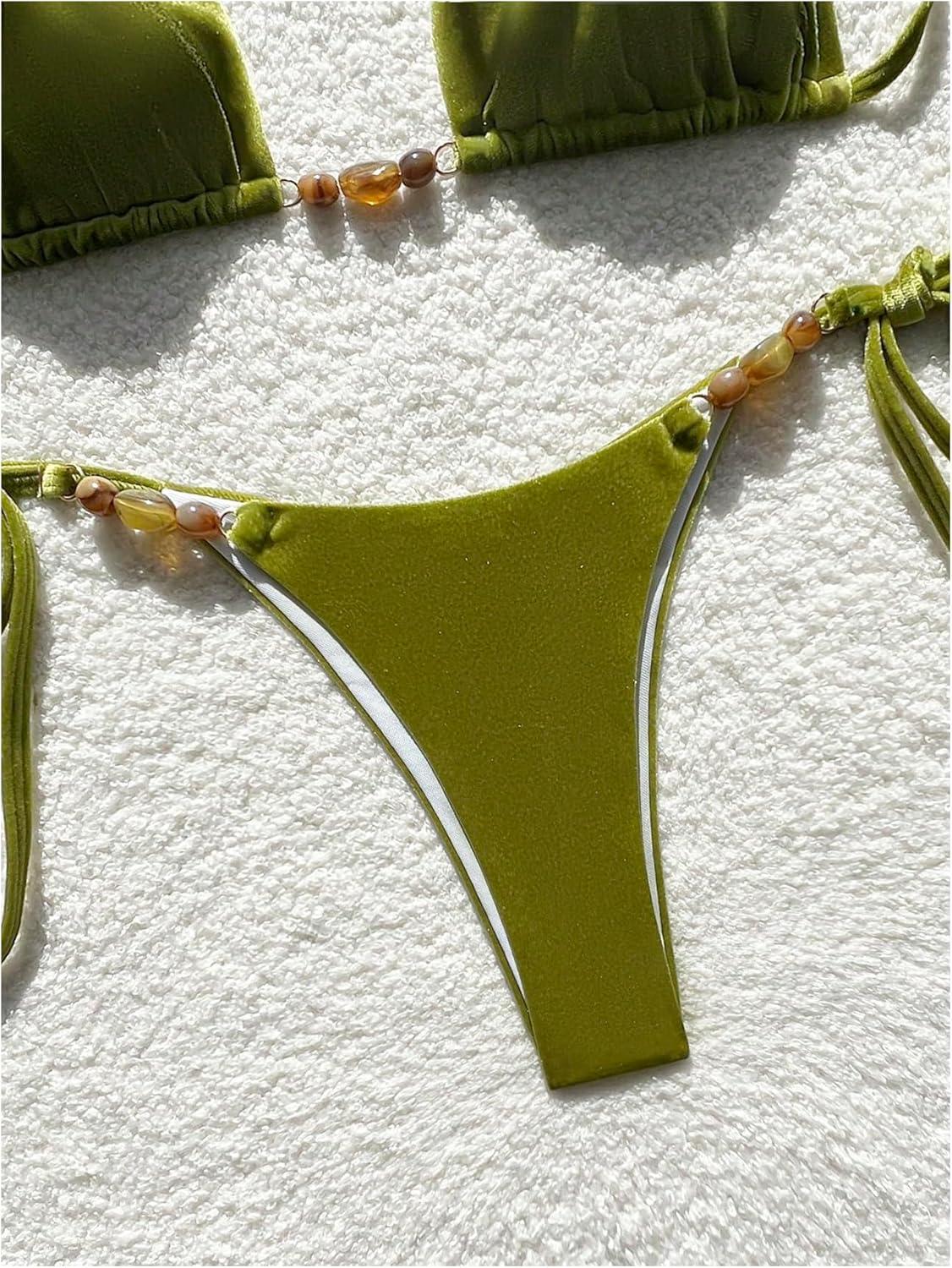 imageSOLY HUX Womens Halter Triangle Bathing Suit String Bikini Set Tie Side Two Piece SwimsuitSolid Green