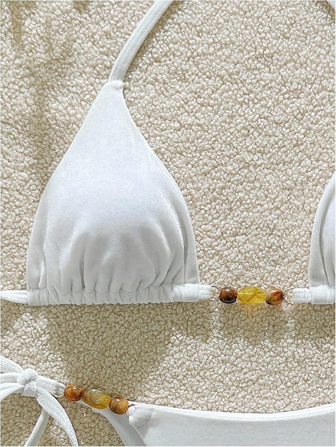 imageSOLY HUX Womens Halter Triangle Bathing Suit String Bikini Set Tie Side Two Piece SwimsuitSolid White Velvet