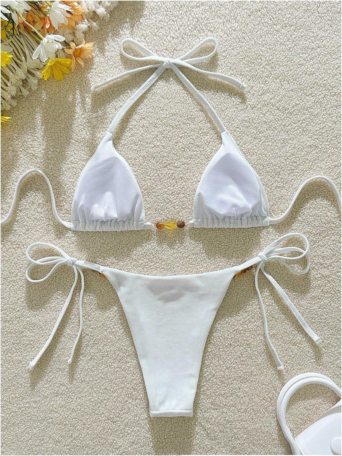 imageSOLY HUX Womens Halter Triangle Bathing Suit String Bikini Set Tie Side Two Piece SwimsuitSolid White Velvet