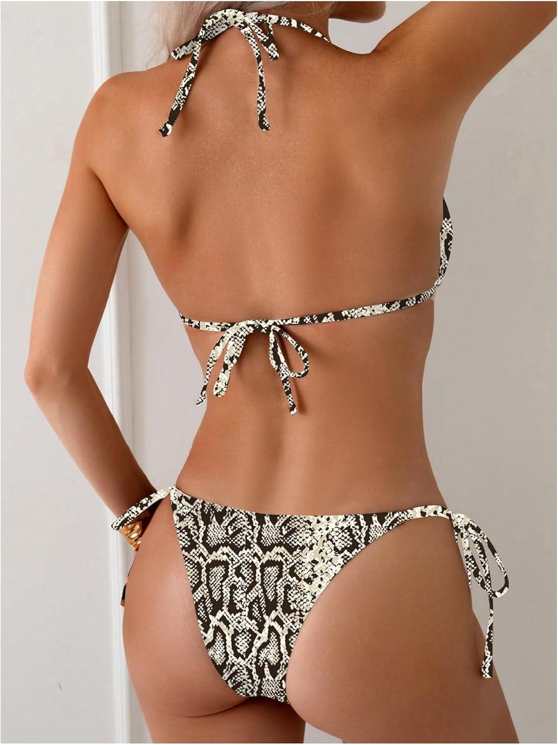 imageSOLY HUX Womens Leopard Print Bikini Sets Halter Triangle Bathing Suit Tie Side Two Piece SwimsuitMulticoloured Snakeskin