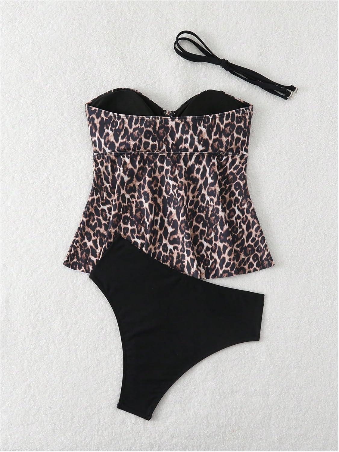 imageSOLY HUX Womens Leopard Print Halter Tankini Swimsuits High Waisted Summer Bathing Suits 2 Piece BeachwearBlack Leopard