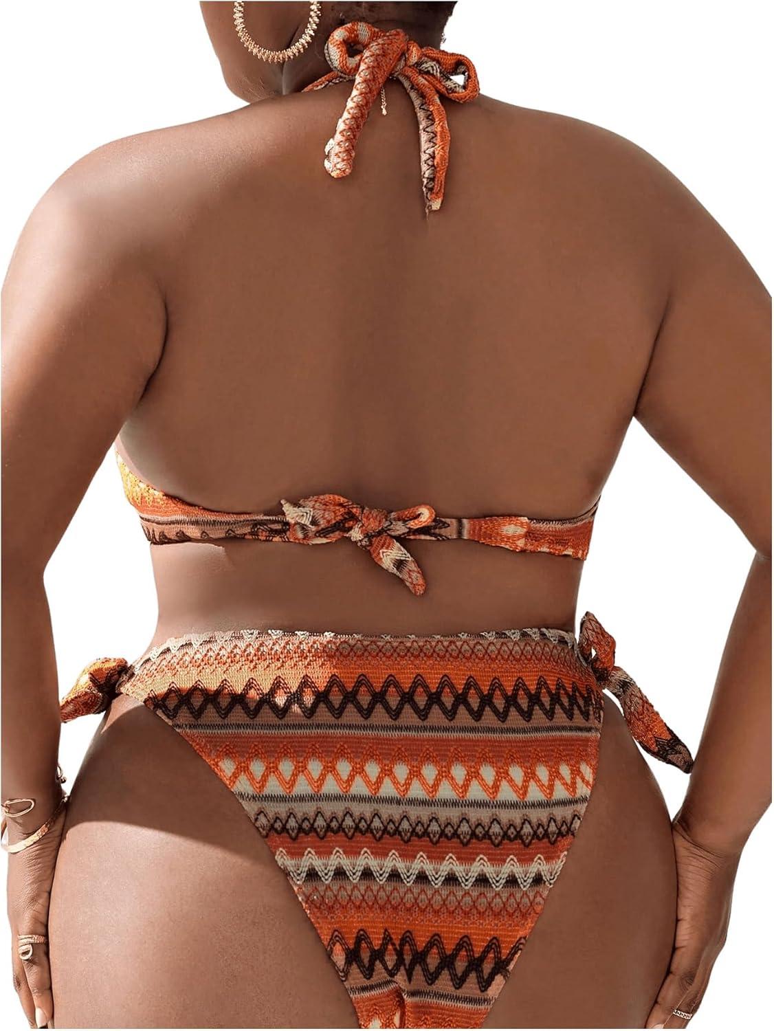 imageSOLY HUX Womens Plus Size Bikini Sets Halter Deep V Neck Piece 2 Bathing Suits Print Sexy SwimsuitsOrange Geo