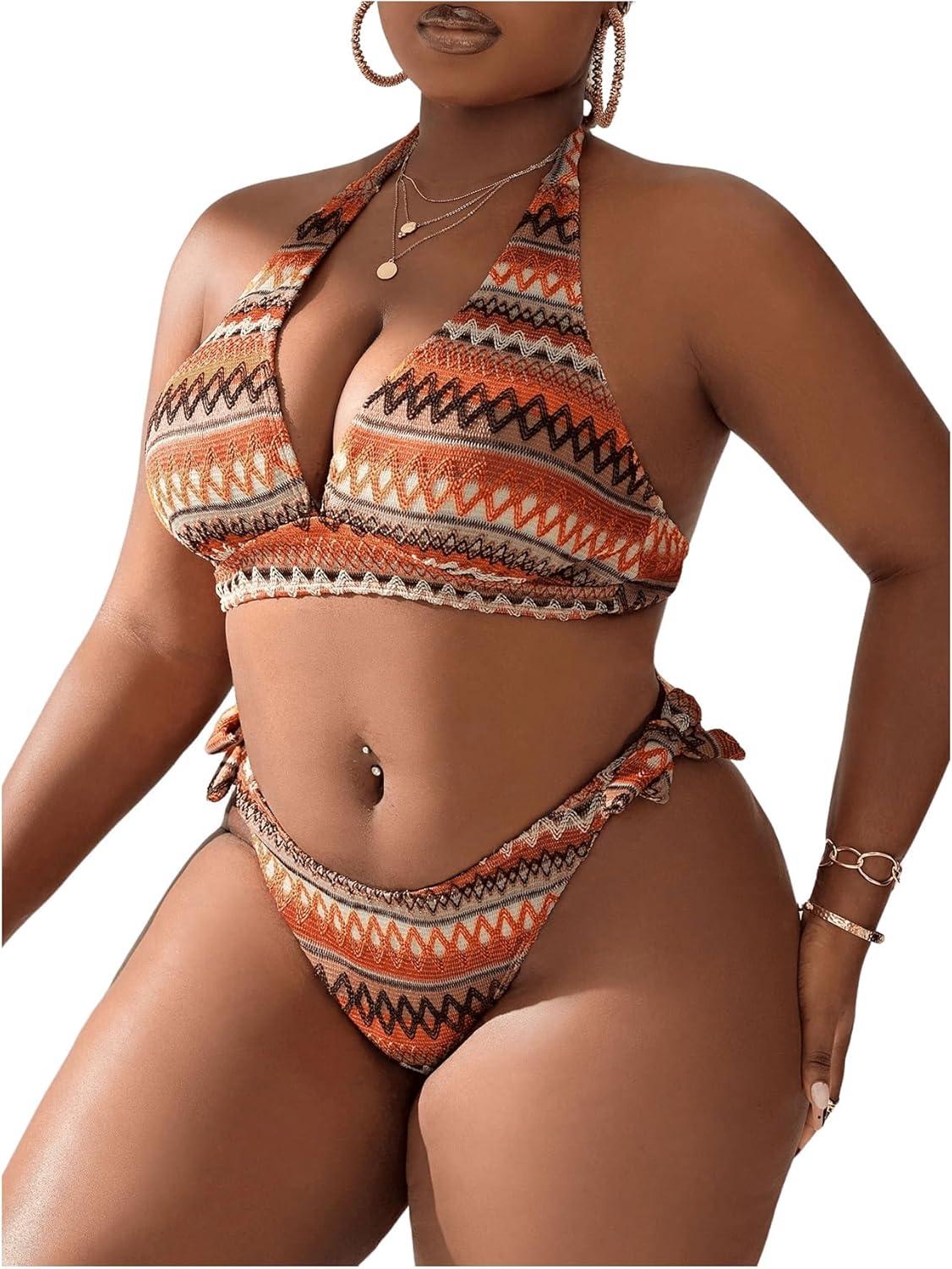 imageSOLY HUX Womens Plus Size Bikini Sets Halter Deep V Neck Piece 2 Bathing Suits Print Sexy SwimsuitsOrange Geo