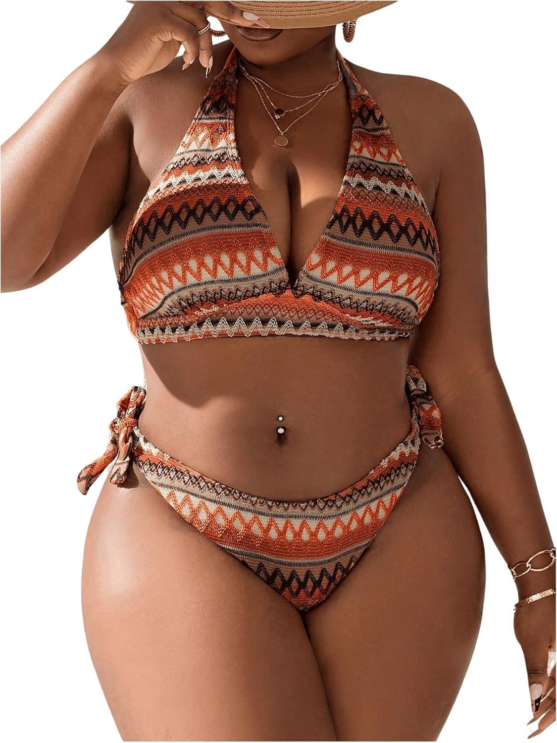 imageSOLY HUX Womens Plus Size Bikini Sets Halter Deep V Neck Piece 2 Bathing Suits Print Sexy SwimsuitsOrange Geo