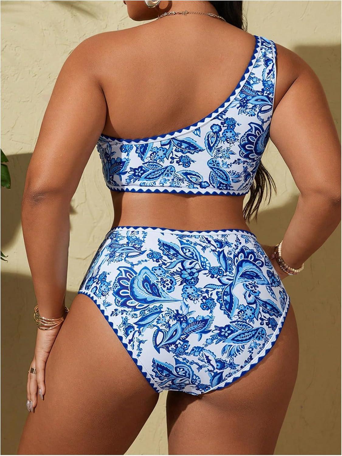 imageSOLY HUX Womens Plus Size Swimsuit Floral Print One Shoulder Bikini Sets Two Piece Bathing SuitBlue Paisley