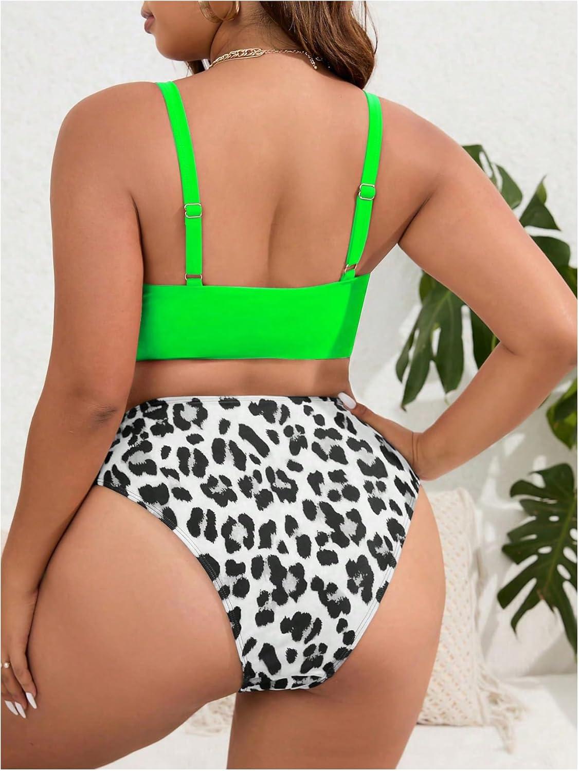 imageSOLY HUX Womens Plus Size Swimsuit Leopard Print Drawstring Front Bikini Sets Two Piece Bathing SuitsGreen Leopard Print