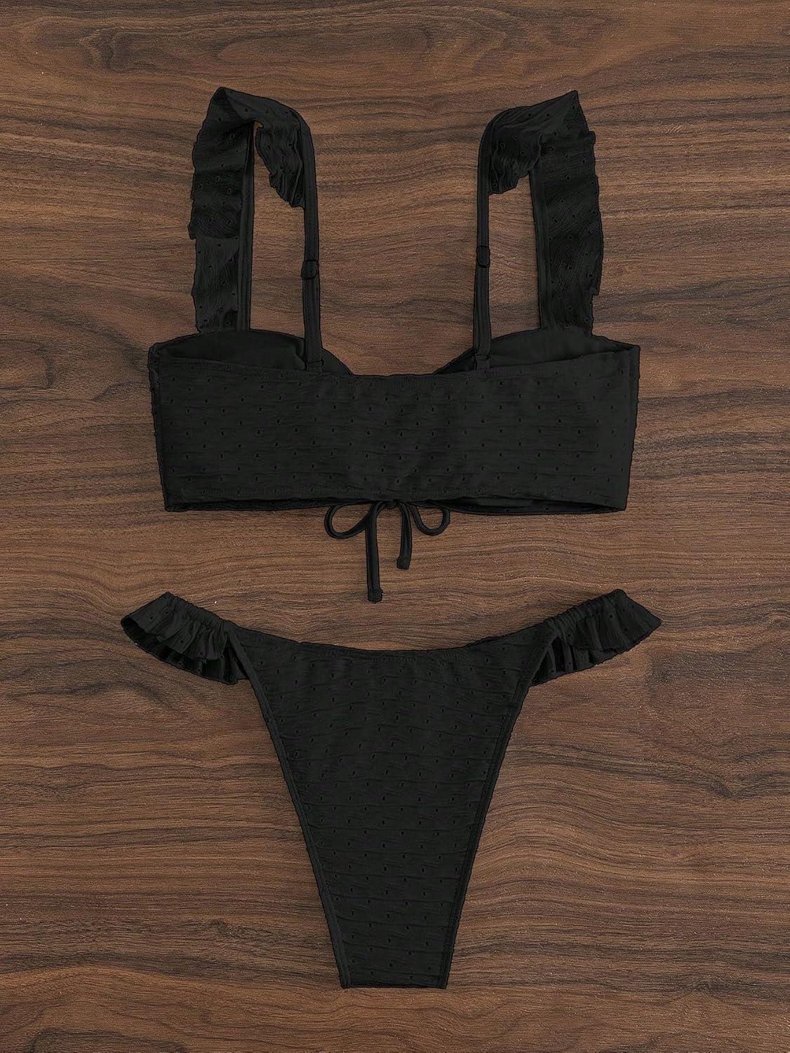 imageSOLY HUX Womens Ruffle Trim Tie Front Bikini Set Bathing Suits 2 Piece SwimsuitSolid Black