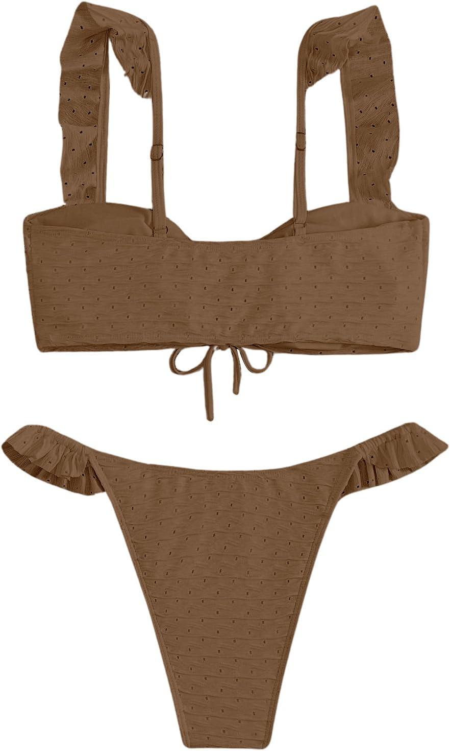 imageSOLY HUX Womens Ruffle Trim Tie Front Bikini Set Bathing Suits 2 Piece SwimsuitSolid Brown