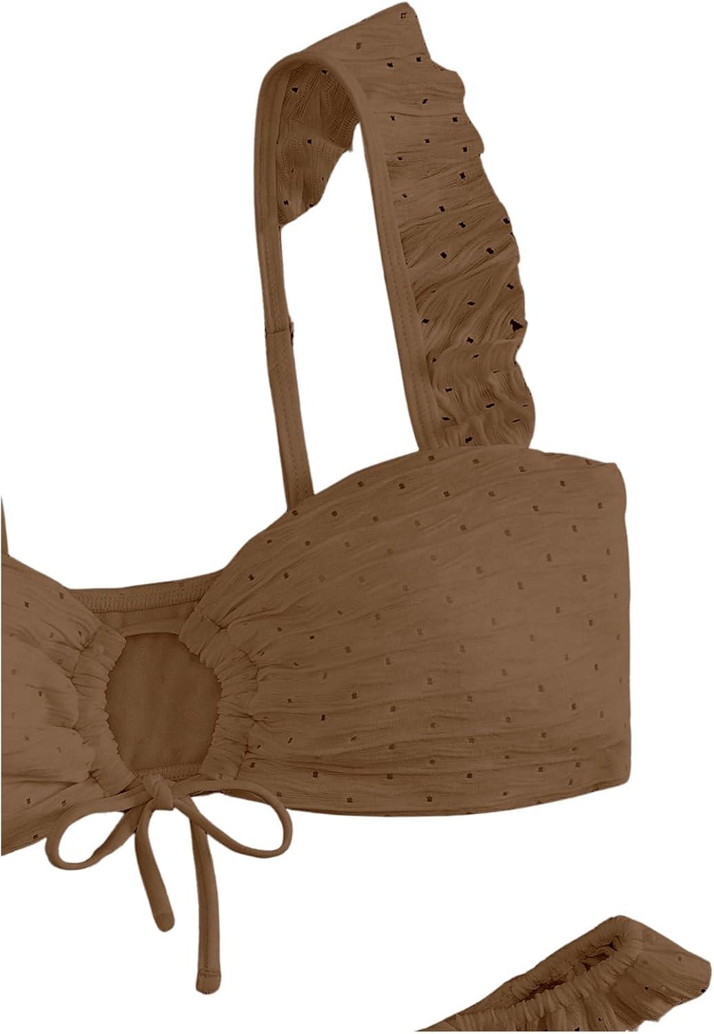 imageSOLY HUX Womens Ruffle Trim Tie Front Bikini Set Bathing Suits 2 Piece SwimsuitSolid Brown