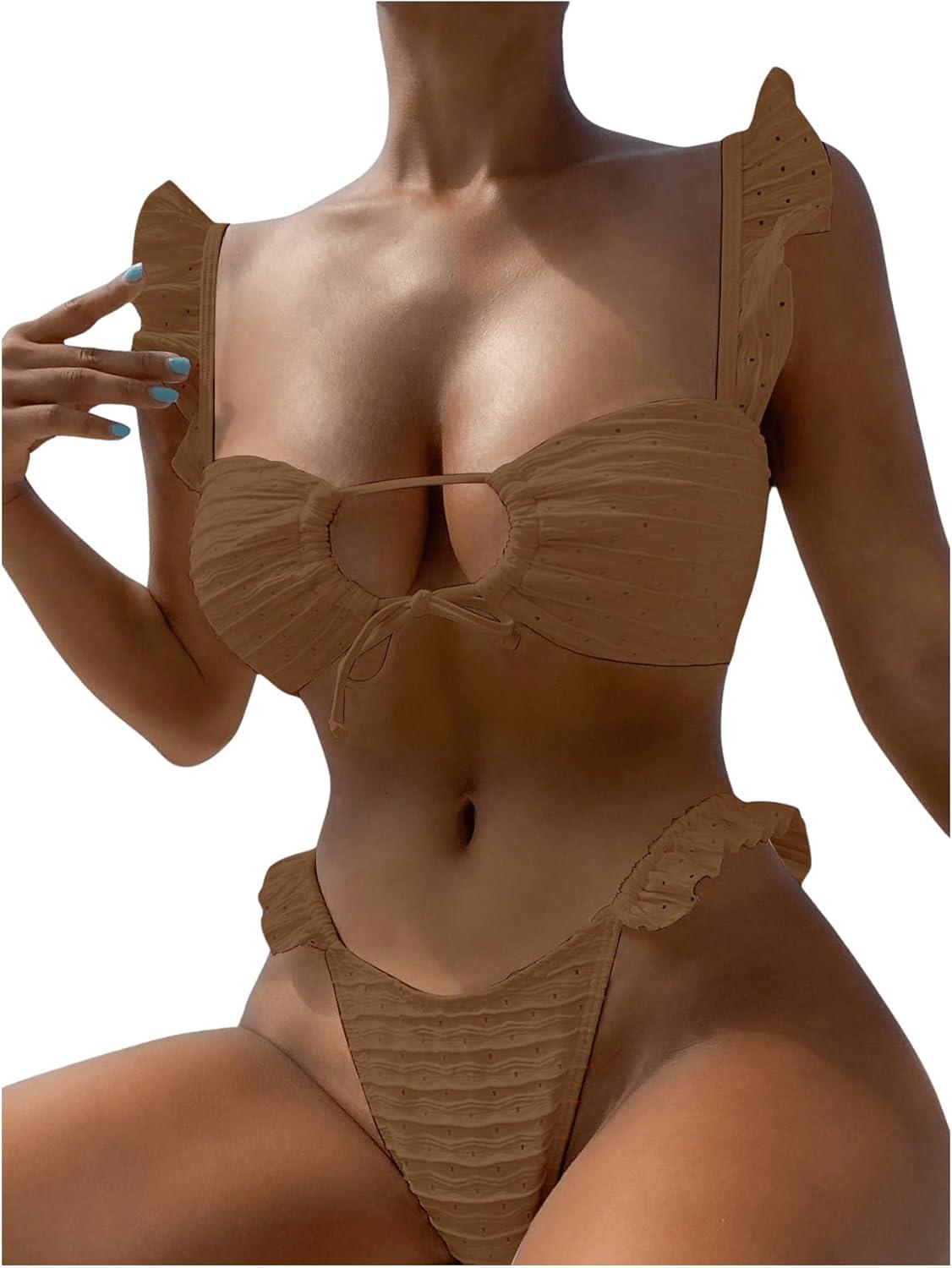 imageSOLY HUX Womens Ruffle Trim Tie Front Bikini Set Bathing Suits 2 Piece SwimsuitSolid Brown