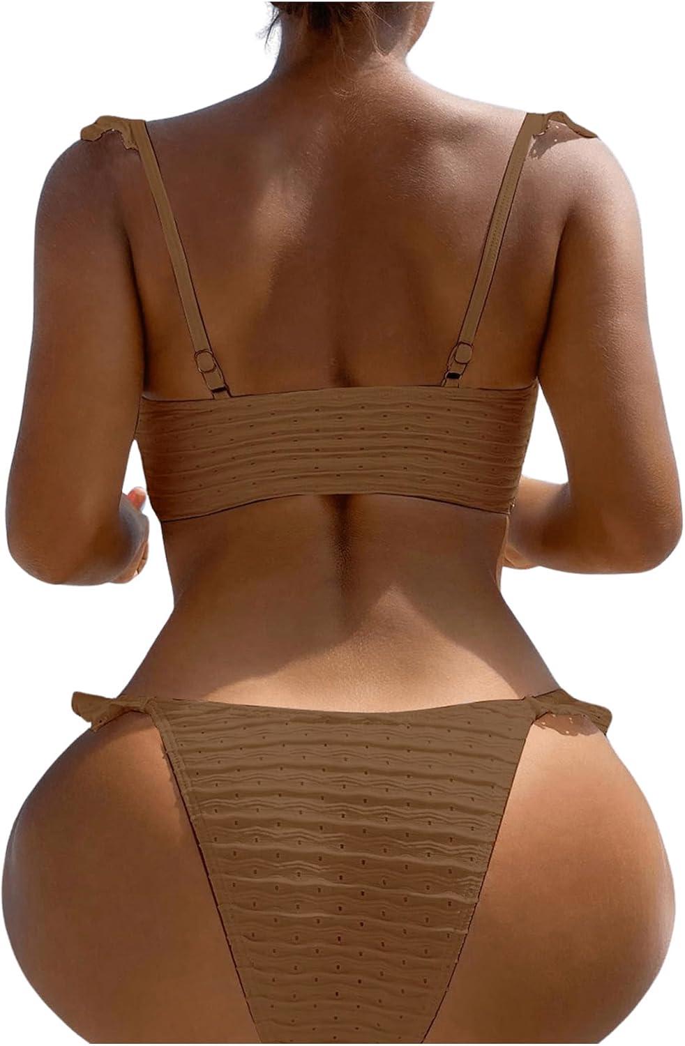 imageSOLY HUX Womens Ruffle Trim Tie Front Bikini Set Bathing Suits 2 Piece SwimsuitSolid Brown