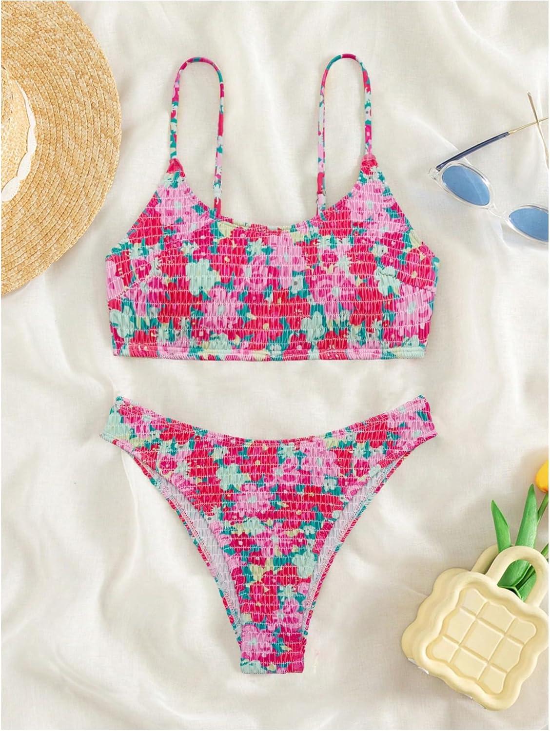 imageSOLY HUX Womens Spaghetti Strap Floral Print Smocked Bikini Bathing Suit 2 Piece SwimsuitsHot Pink Floral