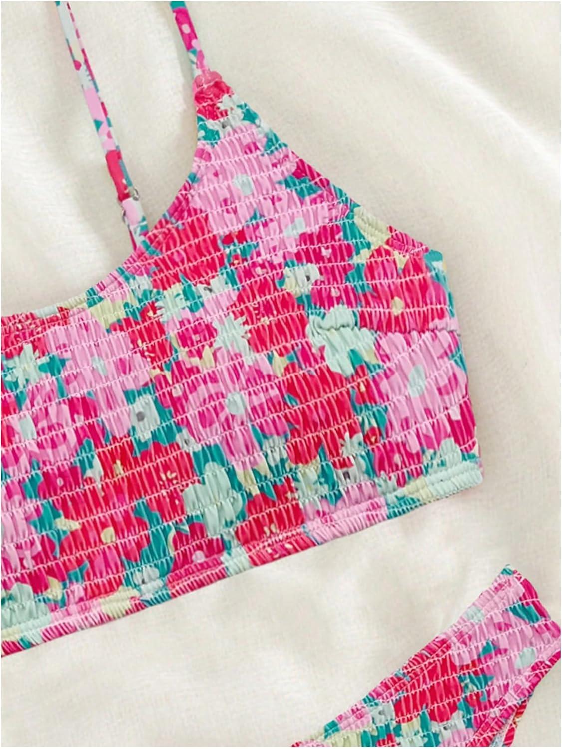 imageSOLY HUX Womens Spaghetti Strap Floral Print Smocked Bikini Bathing Suit 2 Piece SwimsuitsHot Pink Floral