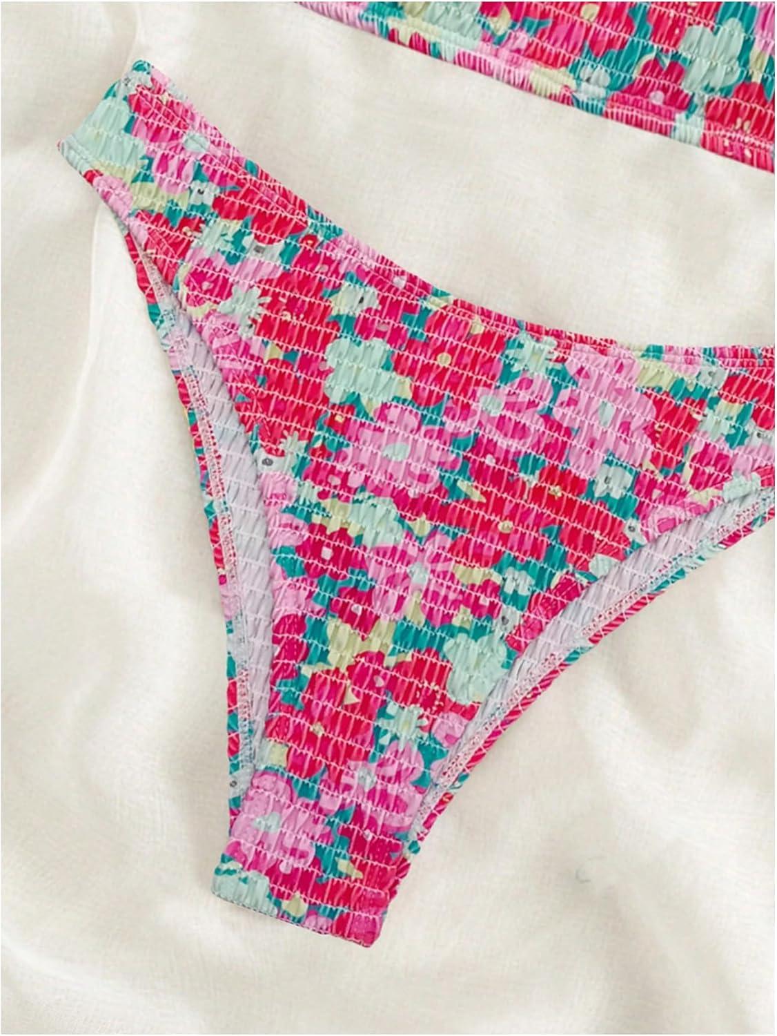 imageSOLY HUX Womens Spaghetti Strap Floral Print Smocked Bikini Bathing Suit 2 Piece SwimsuitsHot Pink Floral