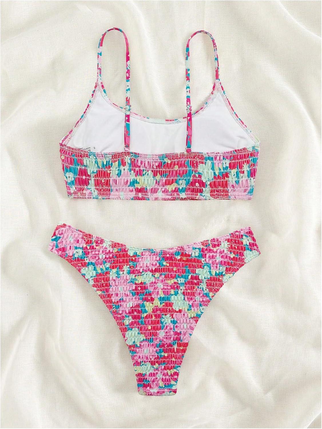 imageSOLY HUX Womens Spaghetti Strap Floral Print Smocked Bikini Bathing Suit 2 Piece SwimsuitsHot Pink Floral