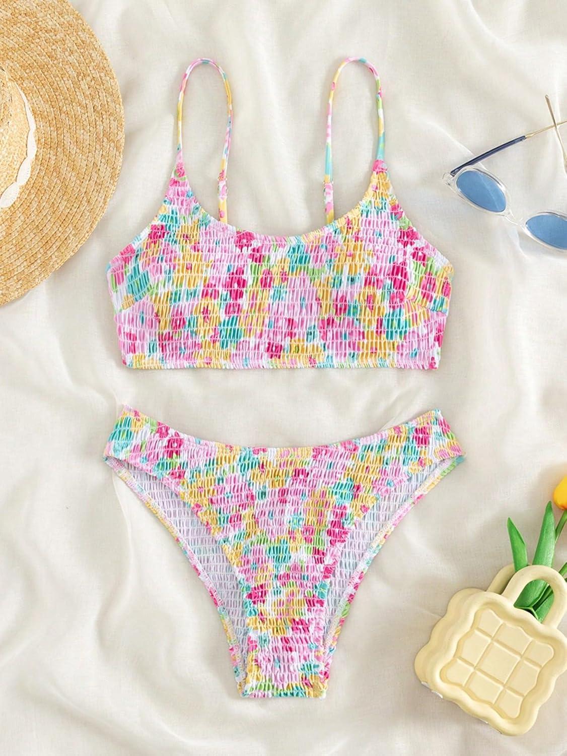 imageSOLY HUX Womens Spaghetti Strap Floral Print Smocked Bikini Bathing Suit 2 Piece SwimsuitsWhite Floral