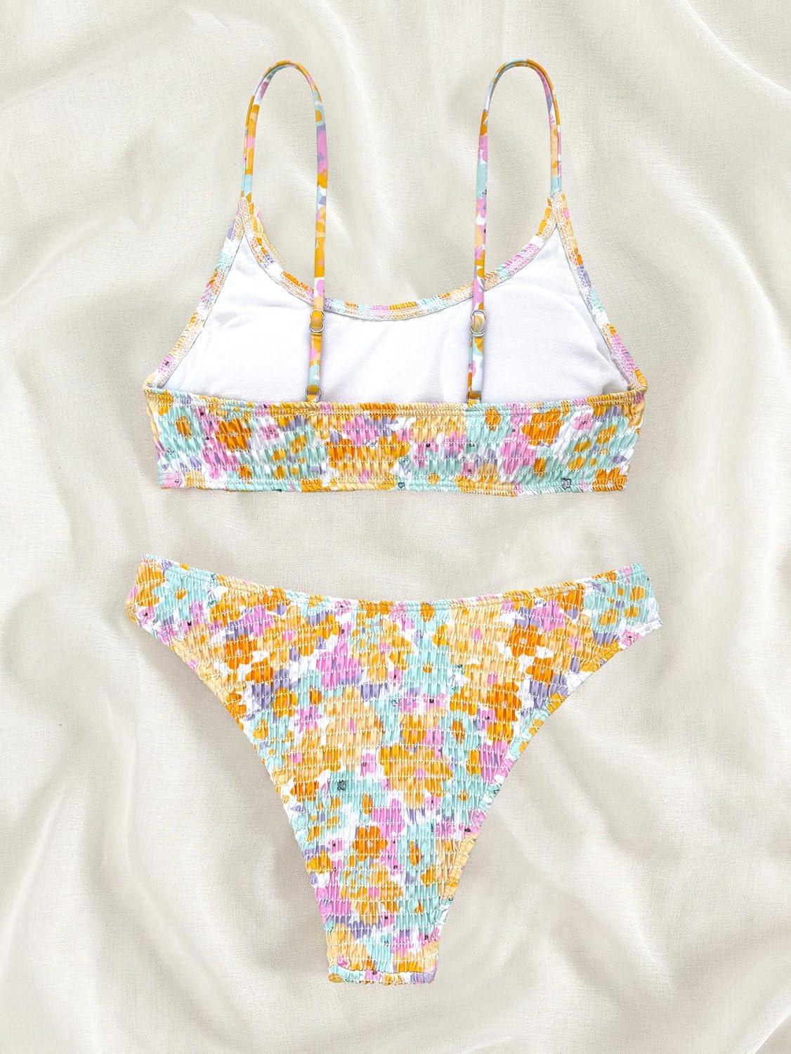 imageSOLY HUX Womens Spaghetti Strap Floral Print Smocked Bikini Bathing Suit 2 Piece SwimsuitsYellow Multi