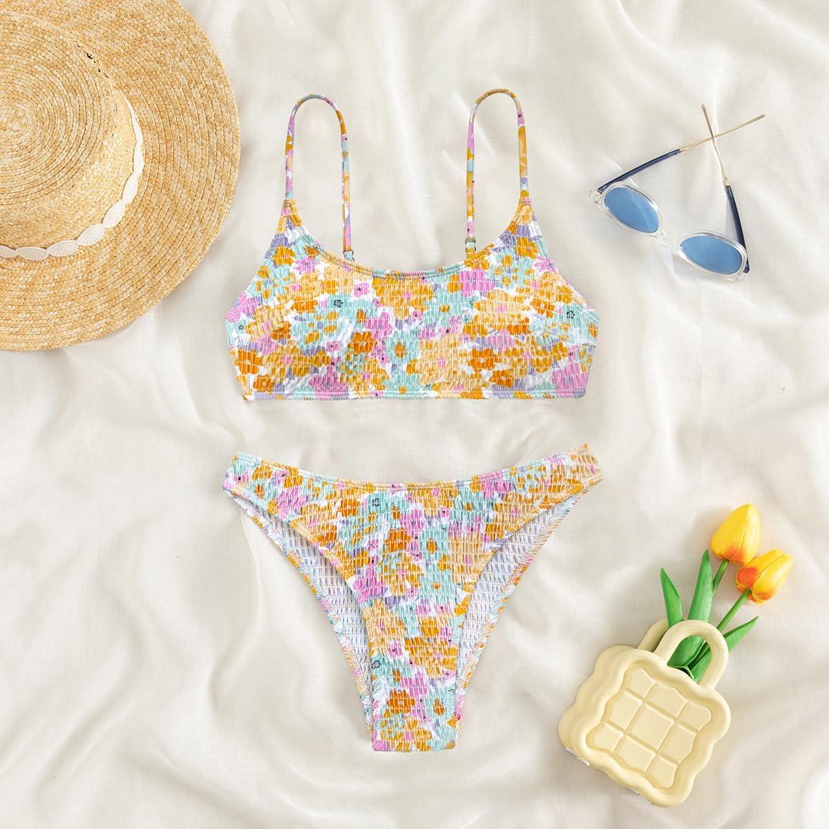 imageSOLY HUX Womens Spaghetti Strap Floral Print Smocked Bikini Bathing Suit 2 Piece SwimsuitsYellow Multi