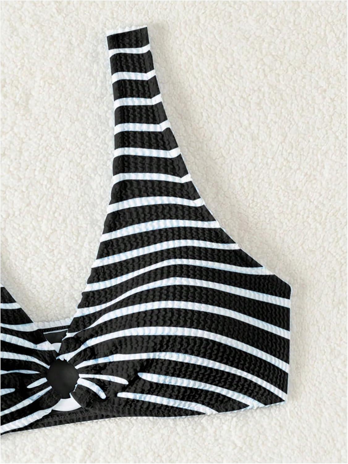 imageSOLY HUX Womens Striped Bathing Suit V Neck High Waisted Bikini Sets Two Piece SwimsuitBlack Striped